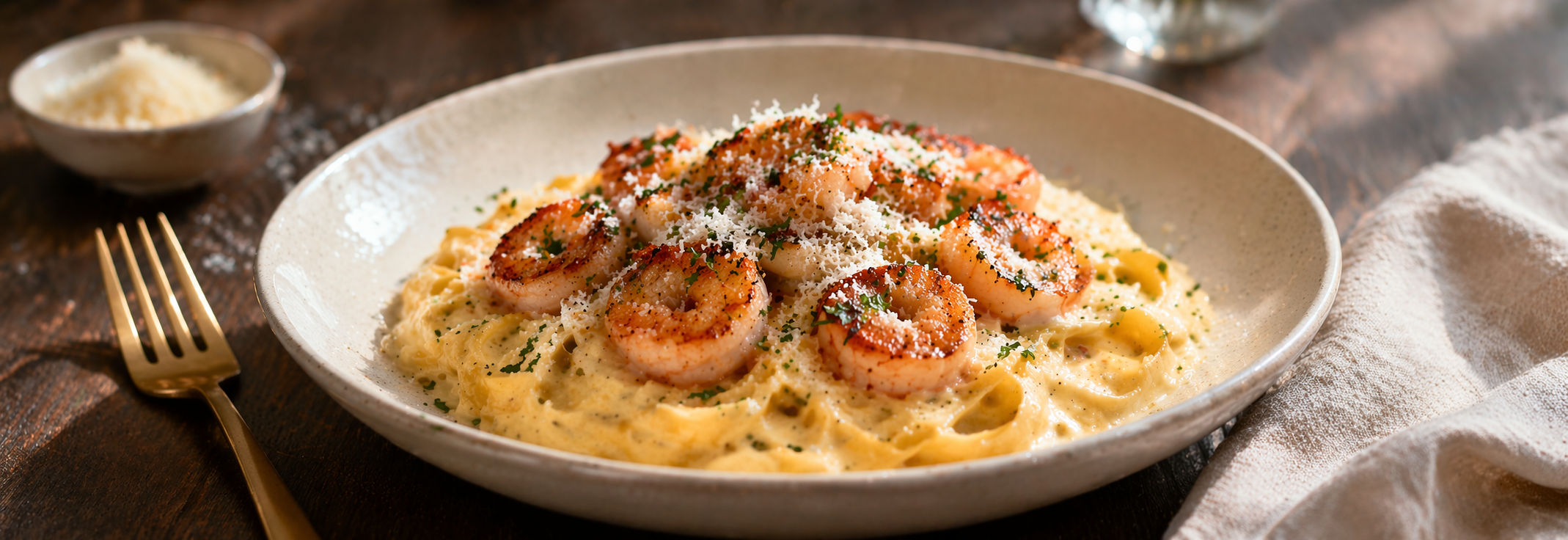 Shrimp fettuccine with Parmesan and herbs