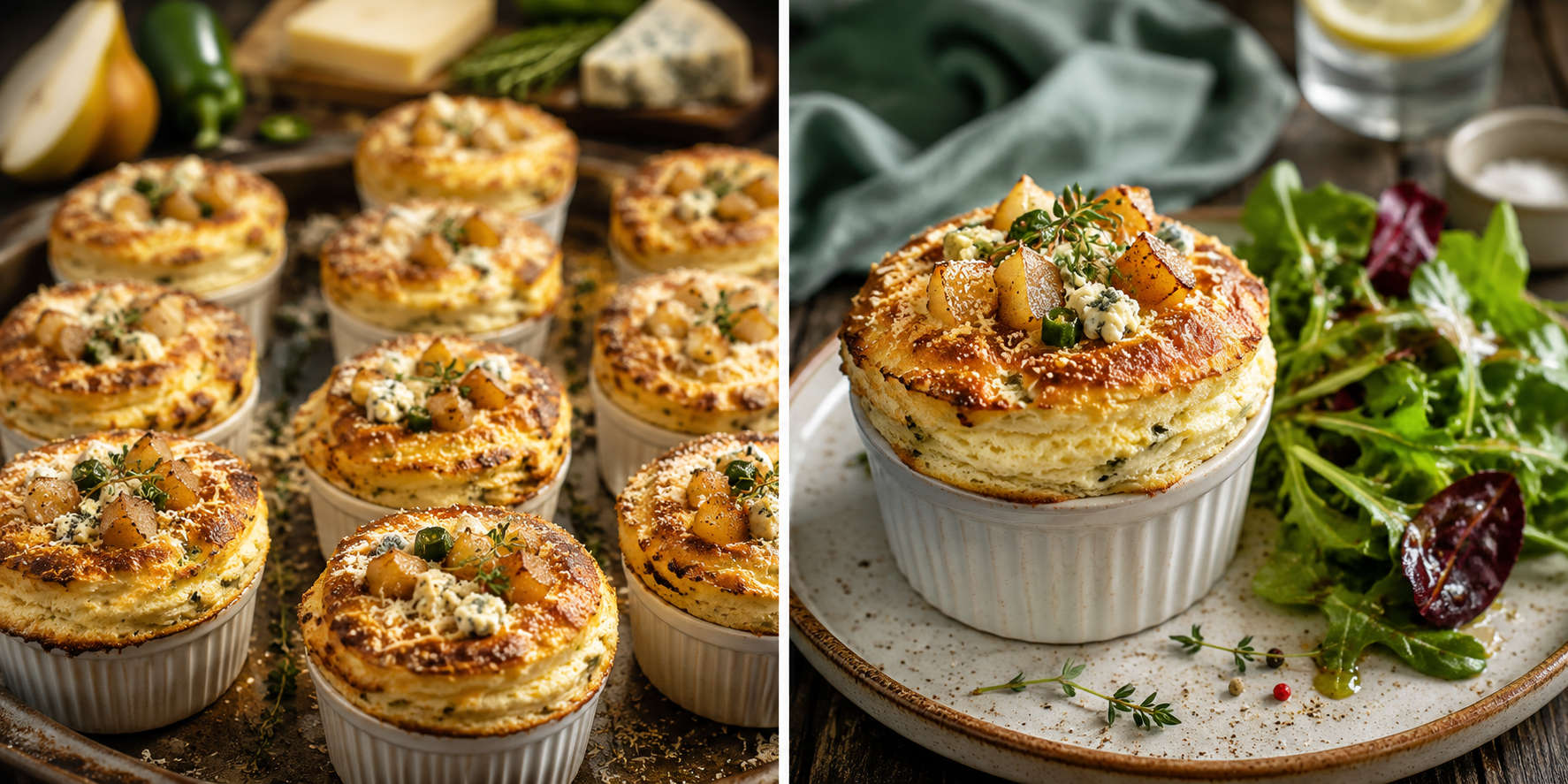 Brown Butter Pear, Jalapeño & Blue Cheese Soufflés