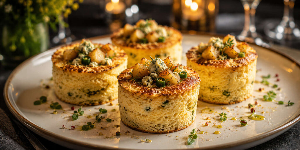 Gourmet mini cheese soufflés with delicate garnishes